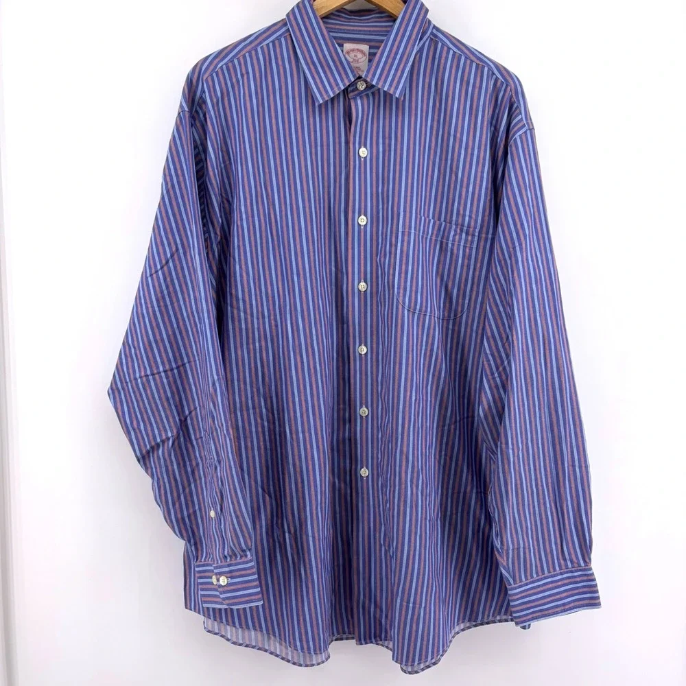 Brooks Brothers 346 Men XL Blue Orange Striped Non-Iron Cotton Button Down Shirt